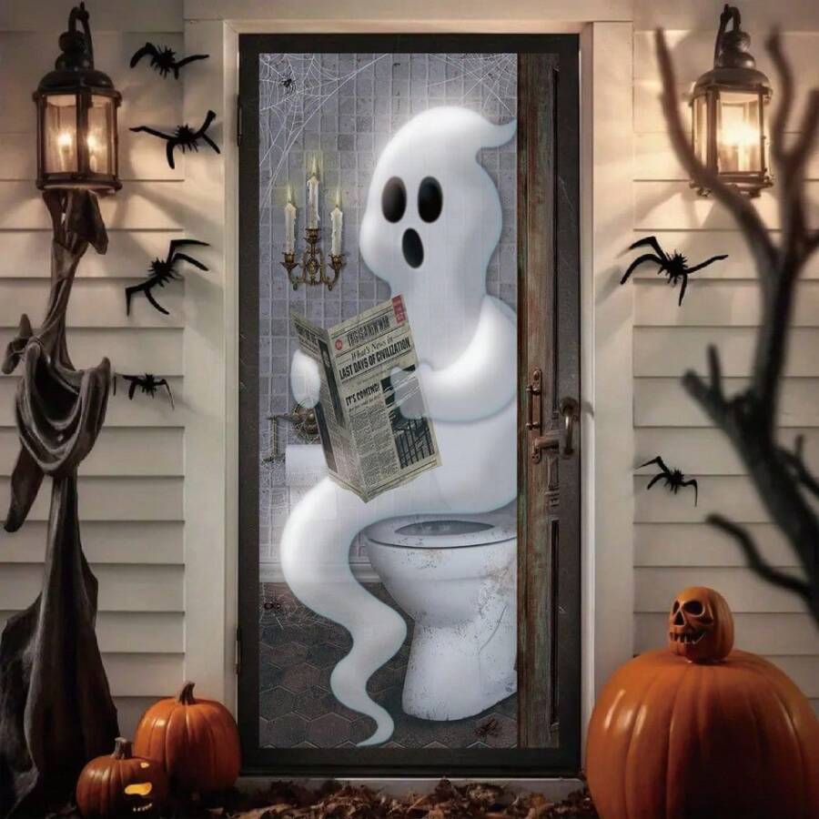 Dekorasi Penutup Pintu Hantu Halloween, Tanda Bacaan Hantu Lucu untuk Pintu Kamar Mandi, Latar Belakang Foto Trick or Treat di Teras - 1 buah - View 1