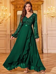 Elisanya Đầm Maxi dự tiệc trang trọng cổ chữ V ren hoa sequin tay áo lồng đèn viền bèo nhún, Đầm dự tiệc thanh lịch cho nữ, Đầm dạ hội trang trọng, Đầm dạ hội, Cho khách dự tiệc cưới, Tốt nghiệp, Tiệc tối - Xem 4