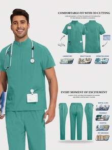 Men's Short Sleeve Set, Bestselling Stand Collar Zipper Hospital/Beauty Salon/Doctor/Nurse Uniform - Mint Green - View 1