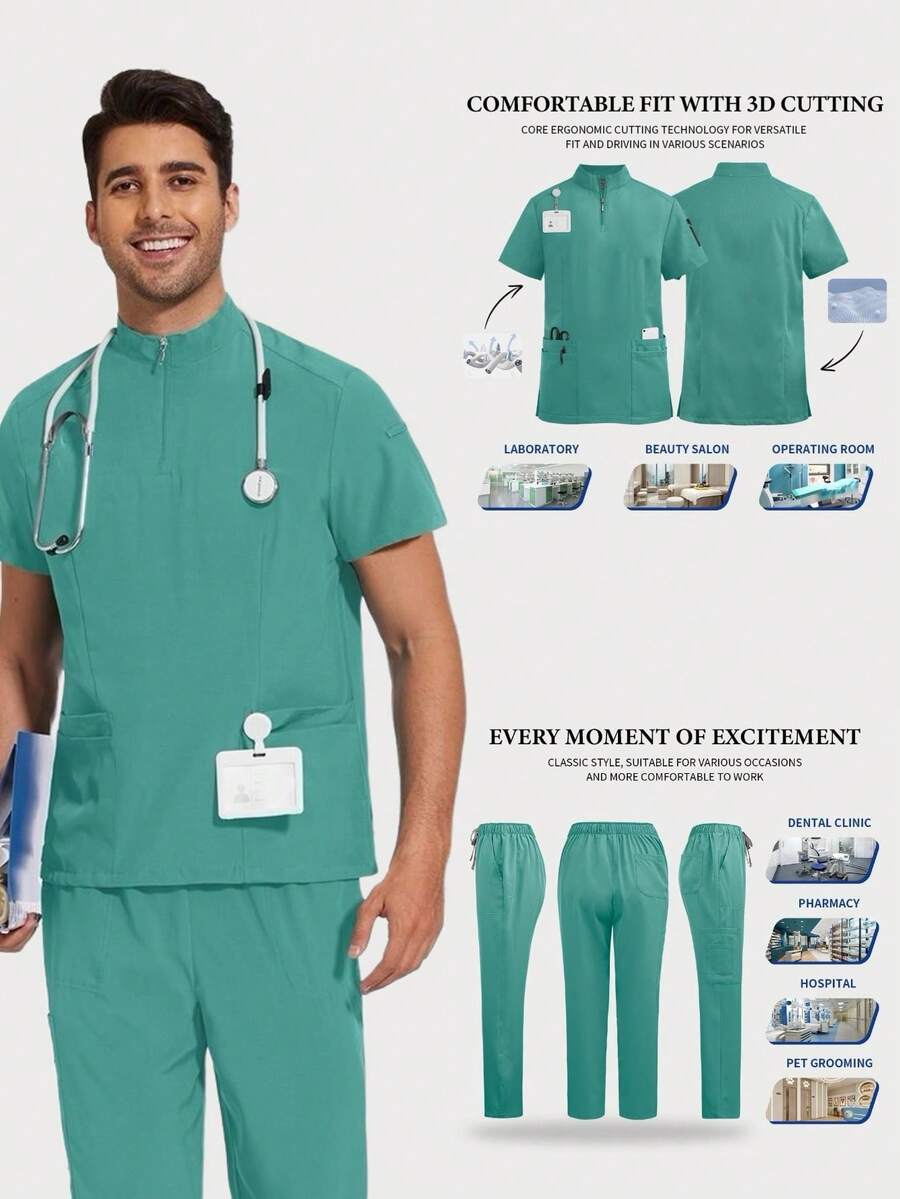 Men's Short Sleeve Set, Bestselling Stand Collar Zipper Hospital/Beauty Salon/Doctor/Nurse Uniform - Mint Green - View 1