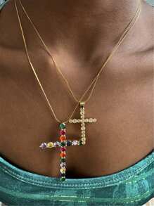 Hiphop bunter Strass Kreuz glänzender großer Anhänger Edelstahl Halskette Charm funkelnde elegante dünne Ketten Halsketten als Modeschmuck Geschenke für Frauen