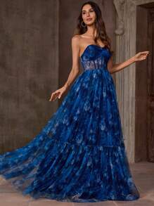 EVERLYL 花朵胸前褶皱全印花优雅派对网眼拉链网眼拼布抹胸连衣裙适合舞会约会派对生日派对周年纪念毕业派对正式晚宴婚礼宾客舞会返校派对舞台和音乐会夏季