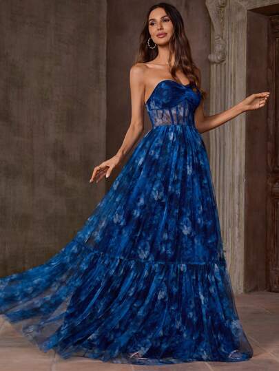 EVERLYL 花朵胸前褶皱全印花优雅派对网眼拉链网眼拼布抹胸连衣裙适合舞会约会派对生日派对周年纪念毕业派对正式晚宴婚礼宾客舞会返校派对舞台和音乐会夏季