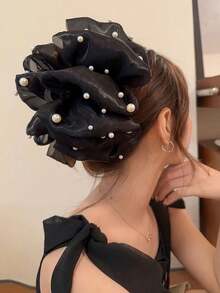 1 件优雅珍珠点缀多层蝴蝶结发夹发圈，大号爪夹马尾辫夹，泡泡网设计，适合正式活动、派对、聚会，是情人节、感恩节、生日、节日的理想礼物 - 黑色 - 查看 9