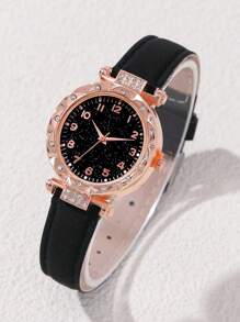 7pc Versatile Black Starry Sky Literal Quartz Digital Watch, Paired With Lucky Flower Necklace, Bracelet, Ring, Earrings And Jewelry Accessories Set, Is A Valentine's Day And Easter Gift For Women.