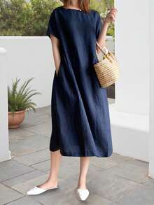 Women's Summer Midi Linen Dress Short Sleeve Round Neck Solid Color Beach Dress With 2 Pockets,Summer Dresses For Women,Holidays Dress - Màu xanh hải quân - Xem 3