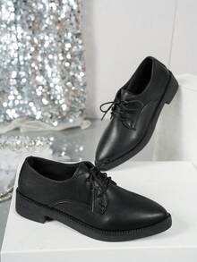 Ballerines à bout pointu noires à lacets, chaussures casual  mat, design minimaliste rétro, convenant pour le trajet, le travail, la profession, chaussures Oxford brogues pour femmes - Noir - Voir 5