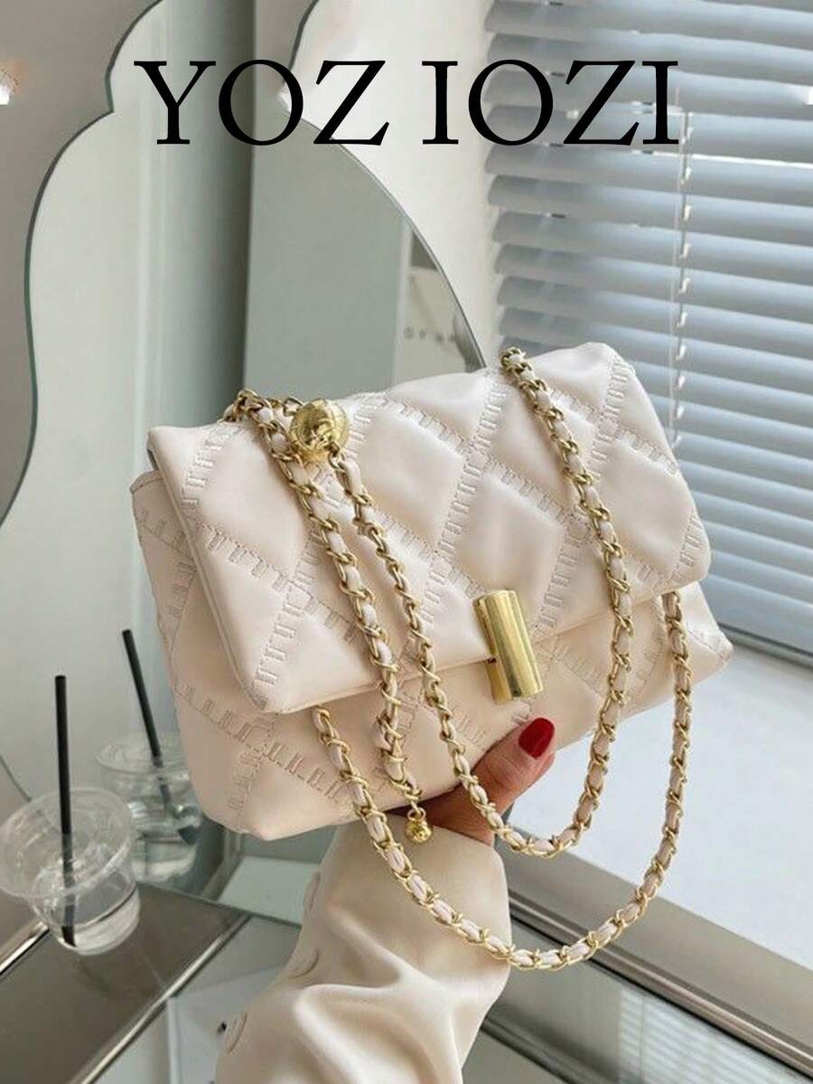 纯色单肩包，时尚百搭小方形手提包，链条肩带，通勤休闲两用 - 米色 - 查看 1