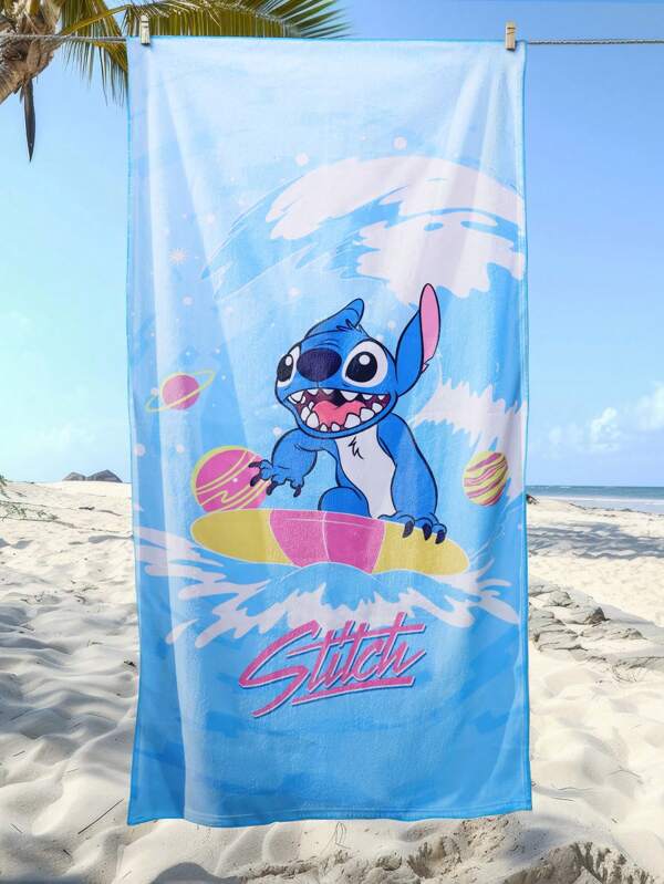 Disney 1pc Disney Beach Towel, Fashionable Stitch Surfing Pattern Swimming Towel, Light Weight And Portable, Wind And Sun Protection, Suitable For Travel, Swimming, Diving, Surfing, Yoga, Camping, Beach Accessories, Summer Travel, Holiday Bathroom Decor, Beach Essentials