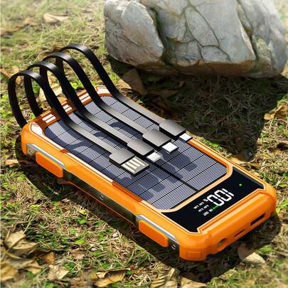 20000mAh Solar Power Bank Solar Mobile Power Portable Charger External Battery Pack For All Cellphones, Built In 4 Cables,LED Digital Display Outdoor External Backup Power Charger Perfect For Camping Travel USB Charging/Solar Charging Two Different Charging Methods Suitable For Summer Holiday Outdoor Travel/Camping And Emergency Backup Mobile Power
