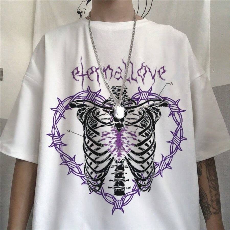T-Shirt Unisex T-Shirt Aesthetic "Purple Barbed Wire Heart" - 白色 - 查看 1