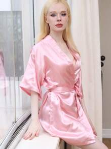 1pc Women's Solid Color Elegant Tie-Up Autumn/Winter Bathrobe, Sexy Short Satin Silk Soft Sleepwear, Suitable For Bride, Bridesmaid, Home Use Bathroom Decor Summer Back To School