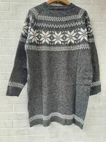 Plus Size Geometric Pattern Knitted Sweater, Round Neck Casual Plus Size Women Pullover, European Style, Autumn/Winter - Grey - View 5