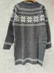 Plus Size Geometric Pattern Knitted Sweater, Round Neck Casual Plus Size Women Pullover, European Style, Autumn/Winter