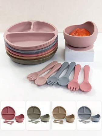 4 pièces/set Assiette, bol, fourchette et cuillère en silicone de couleur unie pour bébé et tout-petit, avec base à aspiration puissante, durable et anti-chute, facile à nettoyer, convient pour le repas du bébé