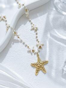 Mazuer 1pc 18K Gold Plated Starfish, Shell, Octopus Pendant Beaded Necklace, Bohemian Style Stainless Steel Jewelry For Women, Suitable For Vacation And Daily Wear, Layering Accessory - Yellow Gold - View 7