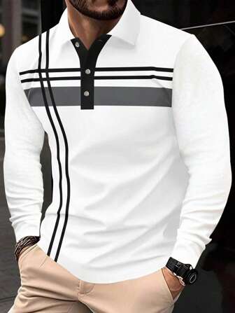 1pc Men's Casual Solid Print Button Collar Long Sleeve Polo Shirt, Suitable For Spring And Autumn, For Fall