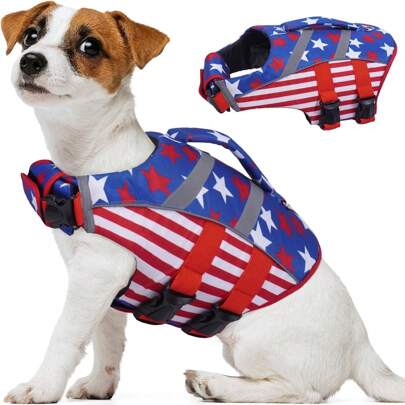 American Flag Dog Life Vest For Swimming Boating, Adjustable High Visibility Dog Life Vest With High Flotation Swimsuit