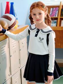 ASK JUNIOR ASK JUNIOR Tween Girls "Relaxed French" Long Sleeve Navy Collar Half-Zip Up T-Shirt Sweater