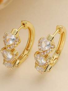 2 pezzi di orecchini geometrici in rame placcato oro 18K con zirconi a forma di cuore, personalizzabili, semplici e leggeri, orecchini a forma di C in zircone di alta qualità per donna