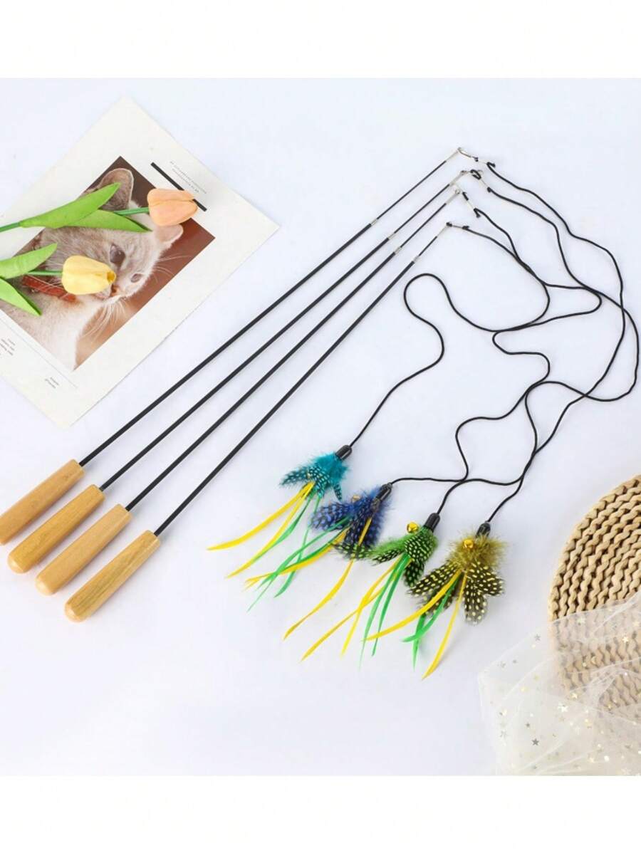 4 estilos de varitas de juguete para gatos con mango de madera ajustable, productos interactivos para mascotas, resistentes a rasguños y mordeduras
