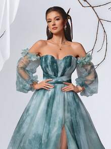 VIPGIRL 优雅的渐变绿色露肩长款正式礼服，泡泡袖高开衩设计，适合女士出席舞会、晚宴、婚礼等场合，也可作为仙女风正式礼服或派对礼服穿着。 - 墨綠色 - 查看 7