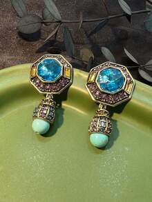 歐美復古和時髦的中世紀現代風格鍍金耳環,裝飾有彩色寶石,適合女性日常穿戴、禮物和珠寶收藏 - 彩色的 - 查看 9