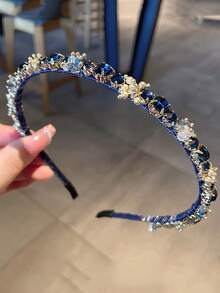 1pc Elegant Handmade Beaded Vintage Luxurious Deep Sea Blue Rhinestone Headband, Sophisticated French Style For Party, Hairband Headband For Women, Hair Accessories, Hair Hoop Head Accessories - Blue - View 1
