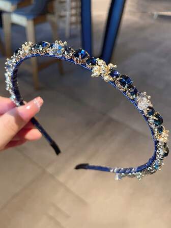 1pc Elegant Handmade Beaded Vintage Luxurious Deep Sea Blue Rhinestone Headband, Sophisticated French Style For Party, Hairband Headband For Women, Hair Accessories, Hair Hoop