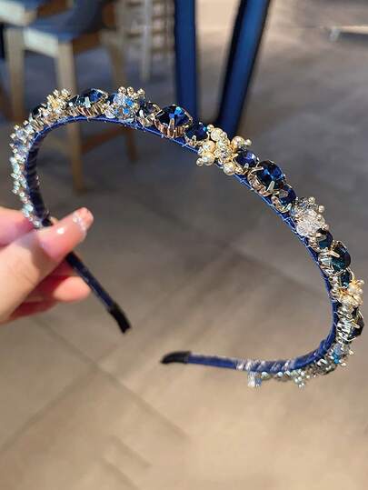 1pc Elegant Handmade Beaded Vintage Luxurious Deep Sea Blue Rhinestone Headband, Sophisticated French Style For Party, Hairband Headband For Women, Hair Accessories, Hair Hoop Head Accessories
