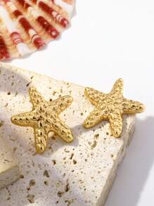 一对不对称纹理海星耳环，海洋风格