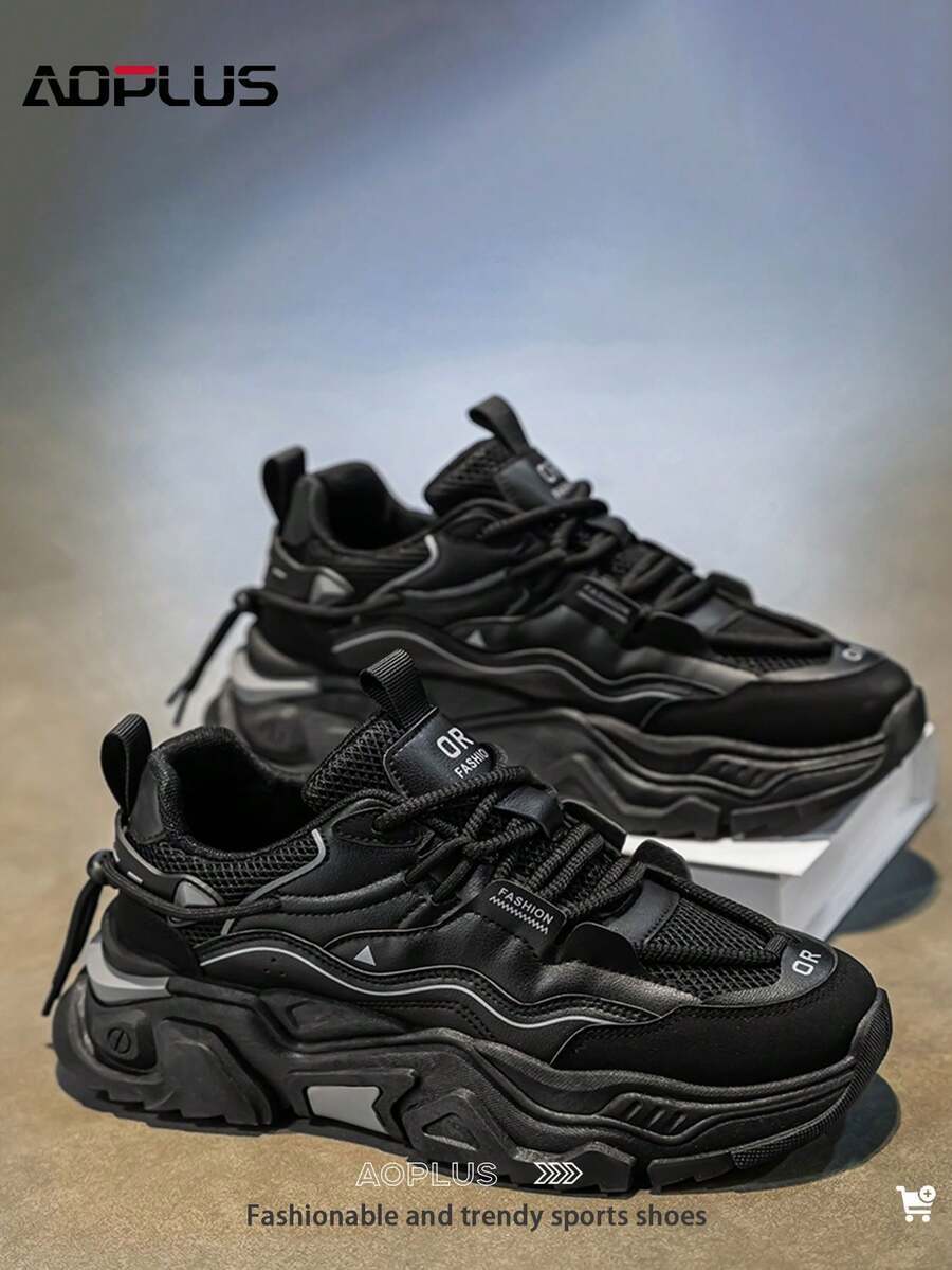 AoPlus Men's Four-Season Sports Casual Shoes, Mesh Leather Stitching Dad Shoes, New Thick-Soled Height-Enhancing Casual Shoes, Mesh Breathable Sports Fashion Shoes - 黑色 - 查看 1
