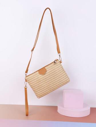 Nouveau sac d'épaule en paille d'été pour femmes, sacs en paille, porte-monnaie, pochette téléphone grande capacité, sac à main, ensemble de sac de vacances décontracté bicolore