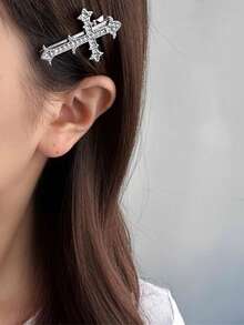 闪亮宫廷风别致水钻十字金属发夹，时尚侧刘海发夹，高品质万圣节及返校季发饰，头部饰品 - 銀色 - 查看 5