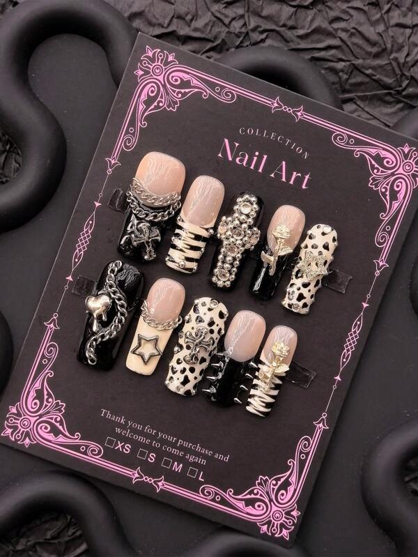 Y2K 10 Pc Handmade Press On Nails Dark Punk Gothic Style Inlaid With Cross Rose Pearl Ornament Hand-Painted Spots Long For Parties And Everyday Wear Nail Supplies Nails