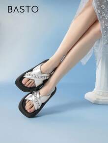 BASTO 简约通勤休闲厚底水钻一脚蹬凉鞋，女士厚底，适合夏季日常、休闲、办公室、海滩