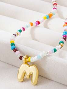 1pc Multicolor Glass Beads Letter Pendant Necklace, Bronze Tone - Multicolor - View 24