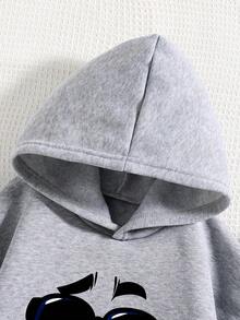 Tween Boy Cartoon Graphic Print Hooded Warm Sweatshirt - Grey - View 3