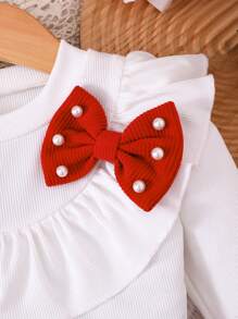 2 sztuki/zestaw Młoda dziewczyna stylowy casual biały dzianinowy kardigan i czerwona plisowana spódnica strój, nadaje się na imprezę, wyjście, wakacje, do noszenia w pomieszczeniach, na wiosnę i jesień