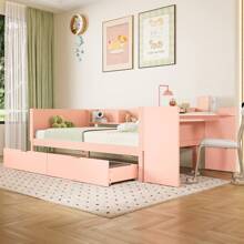 Sairedel Cama plana, cama de madeira, 90x200cm, com secretária, equipada com 2 gavetas, cama individual (sem colchão), com prateleiras, pinho+aglomerado, rosa