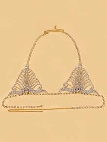 Gold Plated Rhinestone Flower Bra, Thong Panty & Body Chain Set - Gold - View 3