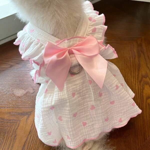Cute Heart Print Dog Cat Dress With Bow Decoration - Perfect For Birthdays And Holidays - Ideal For Small, Medium, And Large Dogs And Kittens