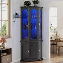 Corner Bar Cabinet W/LED Lights, Tall Modern Wine Cabinet With Tempered Glass Door & Adjustable Shelves, Home Bar Liquor Storage Cabinet With Glass Rack For Living Room, Dining Room (Black)