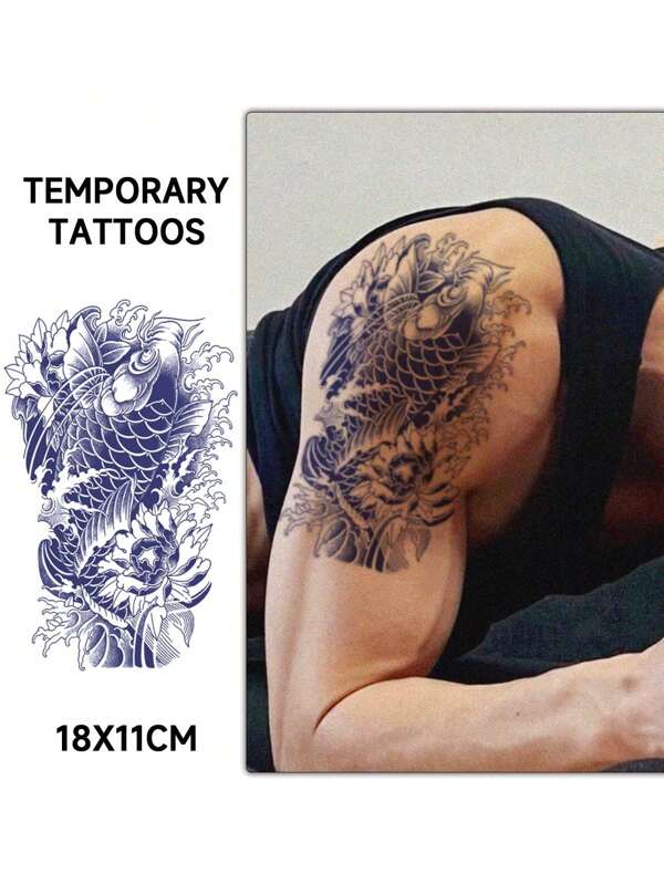 Tatuaje temporal para el brazo de hombre, tatuaje a base de hierbas que dura 2 semanas, diseño original de carpa koi y olas, calcomanías de tatuaje feroces y únicos para brazo, cuello, pecho, muslo, pierna, resistentes al agua y al sudor, con apariencia muy realista, muestra de color gradual, adecuado tanto para hombres como para mujeres