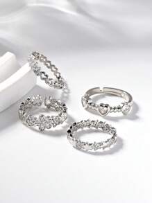 1pc Exquisite Simple Heart Zirconia Silver Women's Ring,Hollowed Out Star And Clover Decorative Rings,Summer Fashion Accessories For Daily,Stacking,Vacation,Wedding,Party,Valentine's Day Gift,Elegant Jewelry Gift.