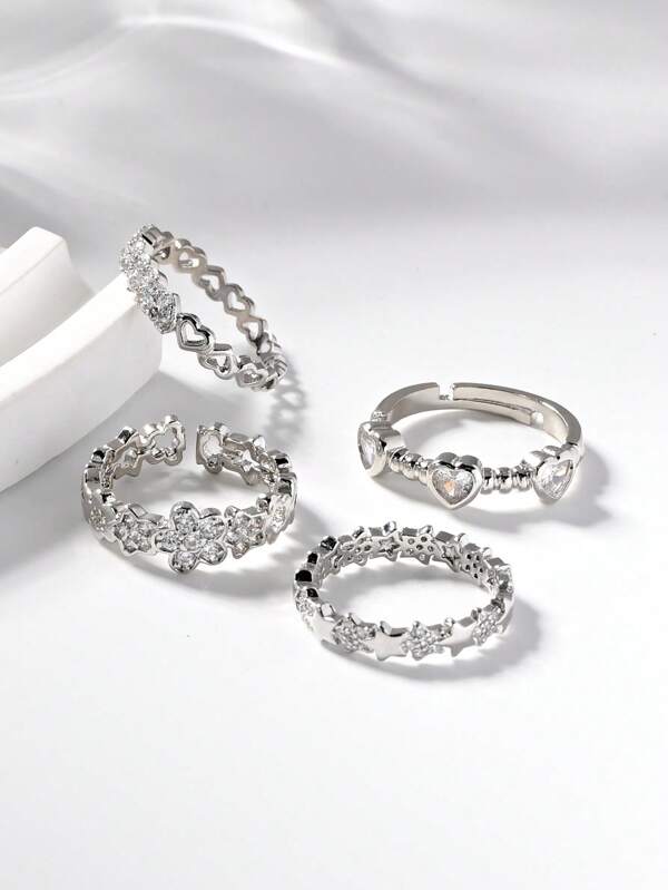 1pc Exquisite Simple Heart Zirconia Silver Women's Ring,Hollowed Out Star And Clover Decorative Rings,Summer Fashion Accessories For Daily,Stacking,Vacation,Wedding,Party,Valentine's Day Gift,Elegant Jewelry Gift.