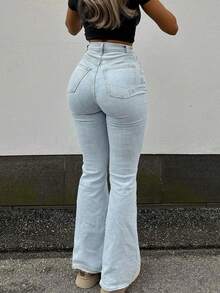 Damen schlichte, modische, elegante Skinny Stretch Schlagjeans, vielseitig einsetzbare Basics für den Alltag - Helle Waschung - Übersicht 3