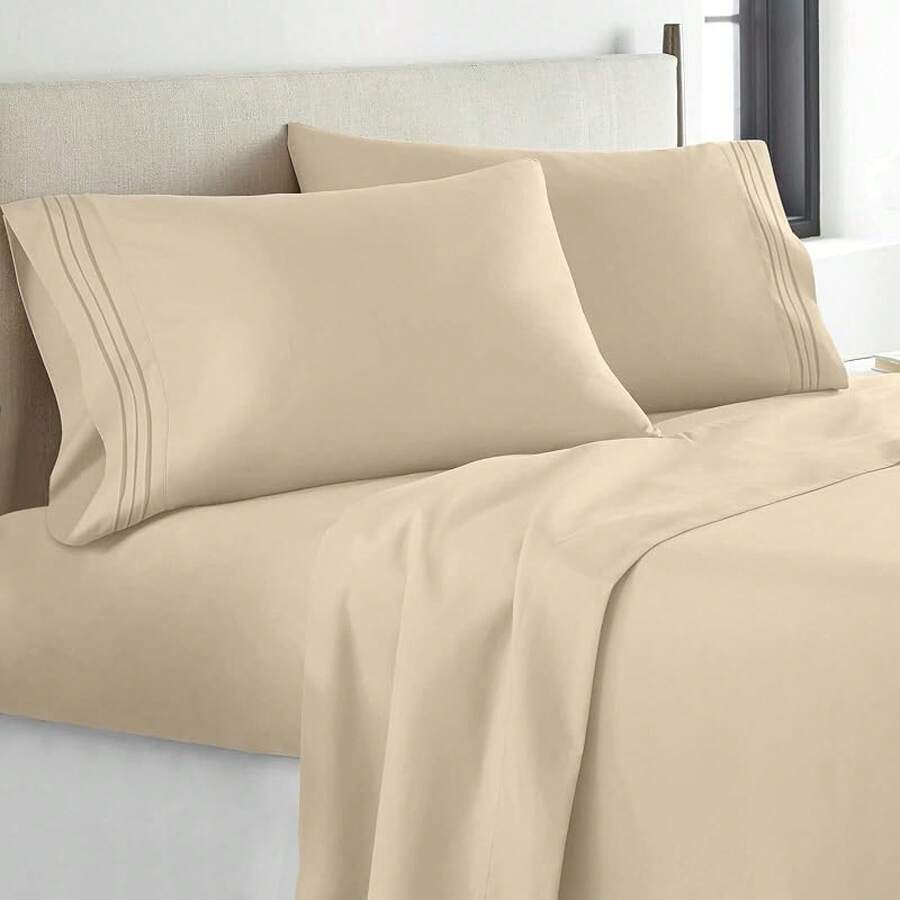Sheet Set, Luxury 1800TC Double Brushed Microfiber Bed Sheets Size Bed, Soft, Deep Pocket, Shrinkage And Fade Resistant, 4PC (), Holiday Bedding - Cream - 查看 1