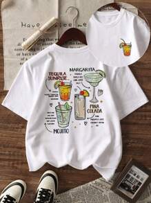 Camiseta de manga corta con cuello redondo, estampado de cóctel y eslogan para mujer. Estilo casual, suelto y versátil para vacaciones. Conjunto de moda de verano adecuado para el uso diario de vacaciones