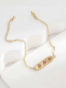 Charm-In 1 pieza Collar largo para mujer con flor decorativa de jade rojo incrustado en color dorado